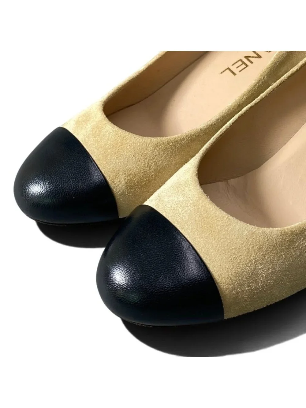 Chanel Quilted Chain Trim Pumps Beige Black Suede Heel